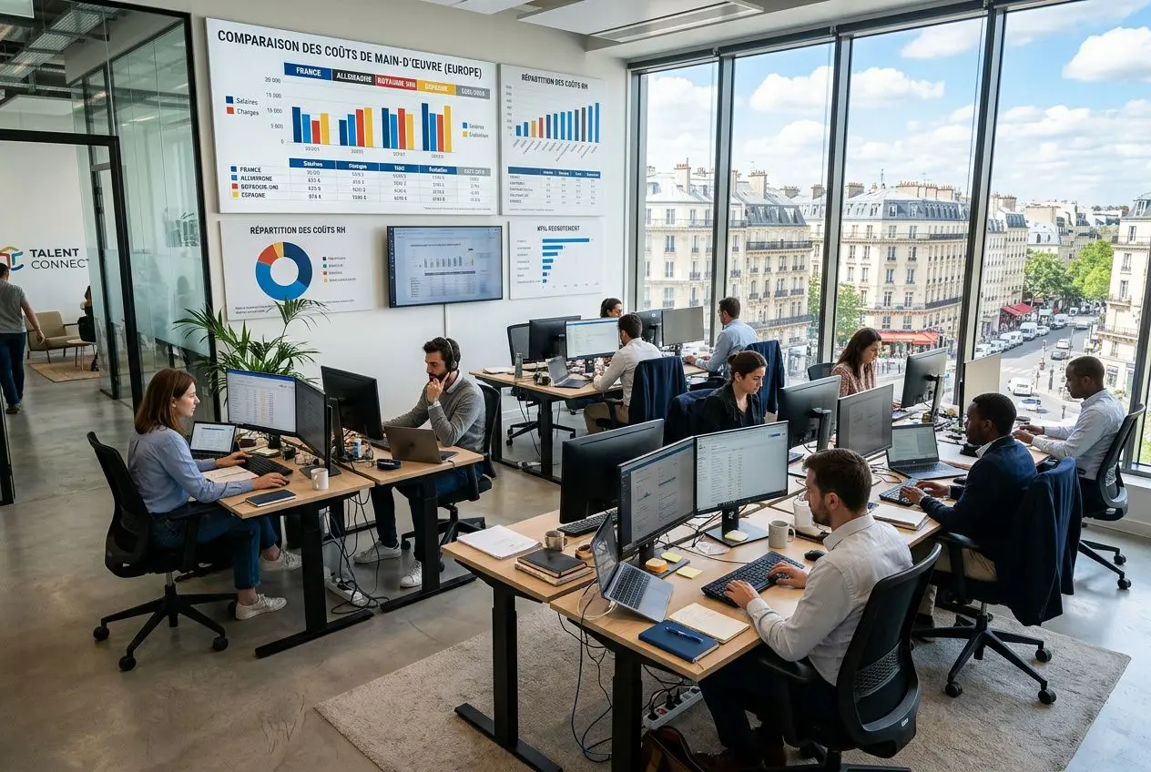 Centre de coworking avec plusieurs employés travaillant sur ordinateurs, écrans et graphiques sur un mur, vue sur la ville. Coût du travail en europe par pays en contexte.