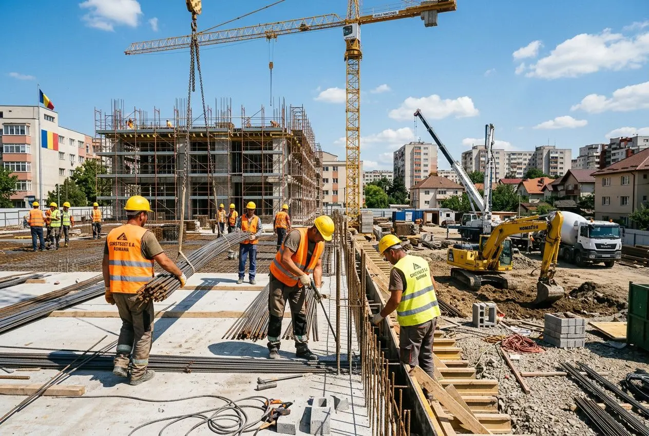 Chantiers de construction avec ouvriers en gilets et casques jaunes, pose de ferraillage et grues en arrière-plan, activité intensive sur le site. coût main d'oeuvre roumanie intégré naturellement.