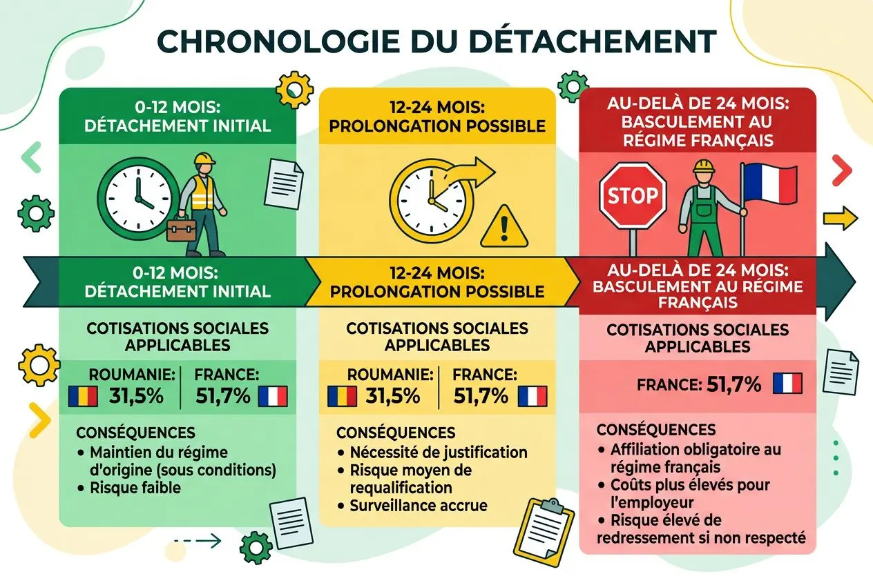 Chronologie du détachement: sections sur 0-12 mois et 12-24 mois et au-delà de 24 mois; tableau des cotisations sociales travailleur détaché avec Roumanie et France, conséquences et conditions, affilication au régime, et risques. cotisations sociales travailleur détaché.