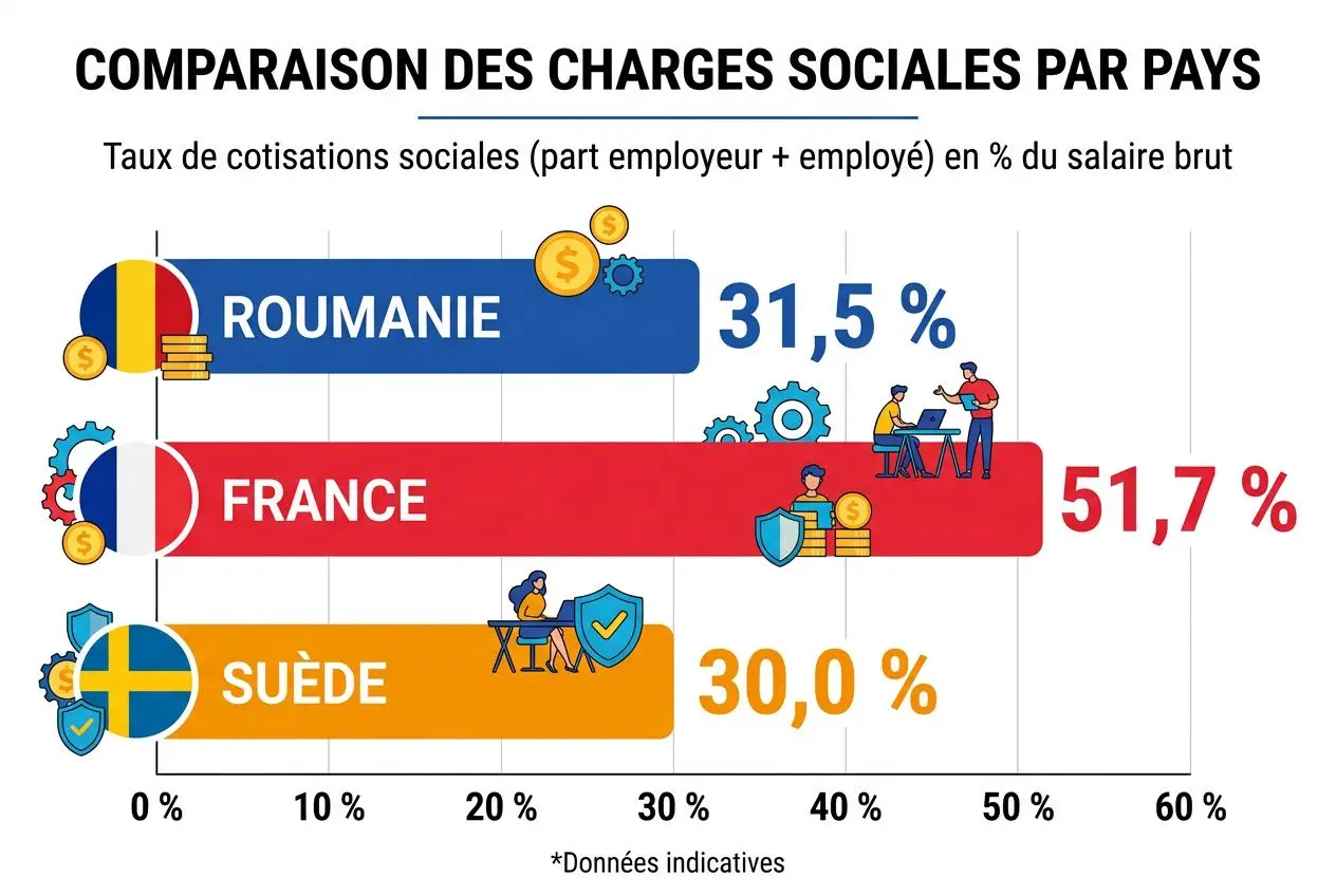 Comparaison des charges sociales par pays: Roumanie 31,5 %, France 51,7 %, Suède 30,0 %.