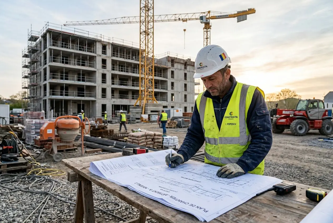 Contrôleur sur chantier(signature sur plan) portant casque et gilet jaune, rédigeant des documents de construction devant un bâtiment en cours et machines sur le site. cotisations sociales travailleur détaché intégré naturellement.