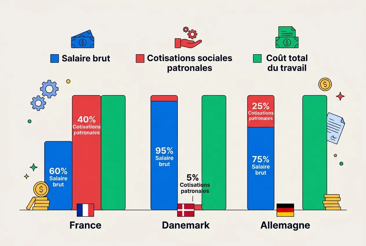 Diagramme comparant le coût du travail par pays: France, Danemark et Allemagne. France: 60% salaire brut et 40% cotisations patronales; Danemark: 95% salaire brut et 5% cotisations; Allemagne: 75% salaire brut et 25% cotisations patronales; label vert “Coût total du travail” apparait pour chaque pays. Intègre le mot-clé coût du travail en europe par pays.