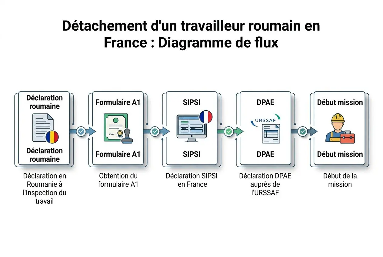 Diagramme de flux sur le détachement d'un travailleur roumain en France : étape Déclaration roumaine, Formulaire A1, SIPSI, DPAE et début de mission de travailleurs détachés roumains légal.