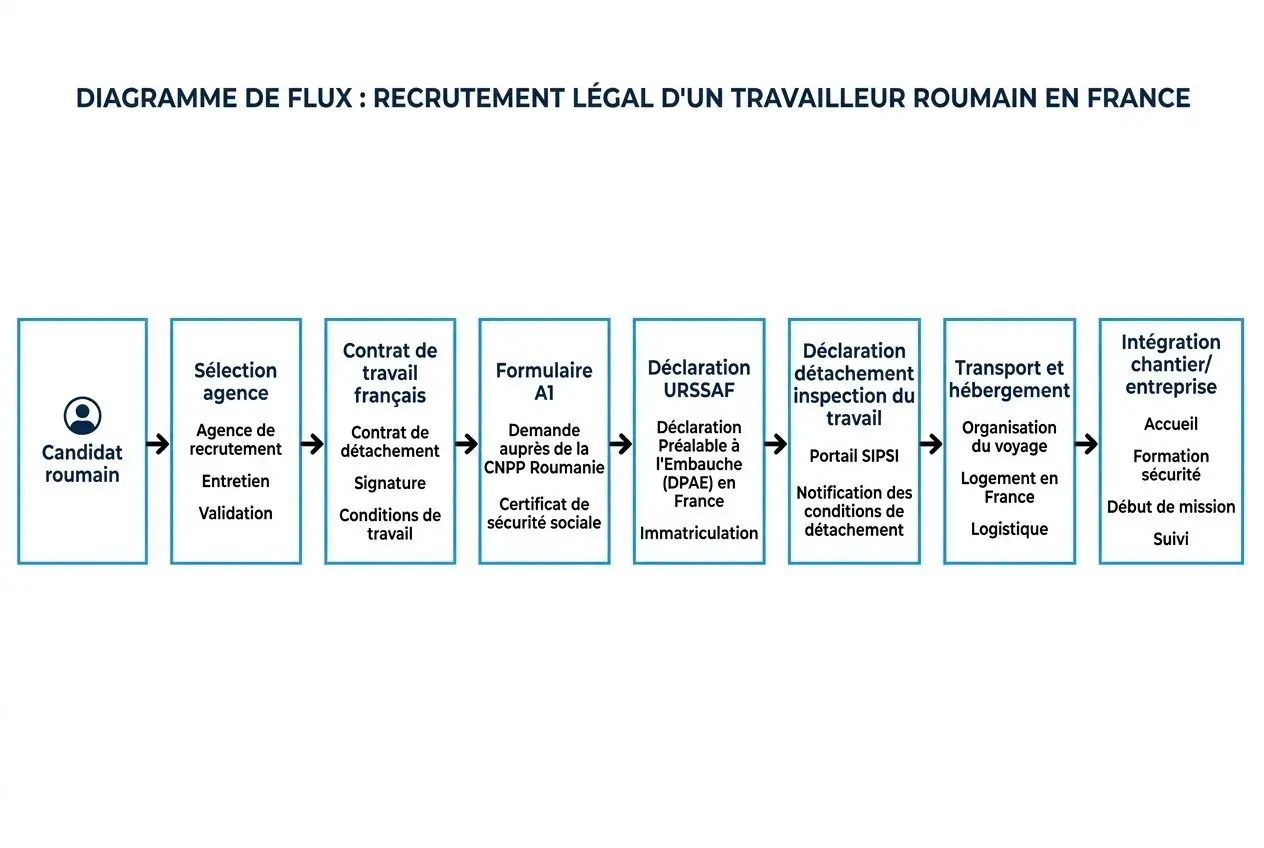 Diagramme de flux montrant les étapes du recrutement légal d'un travailleur roumain en France, selon le titre sur le site.