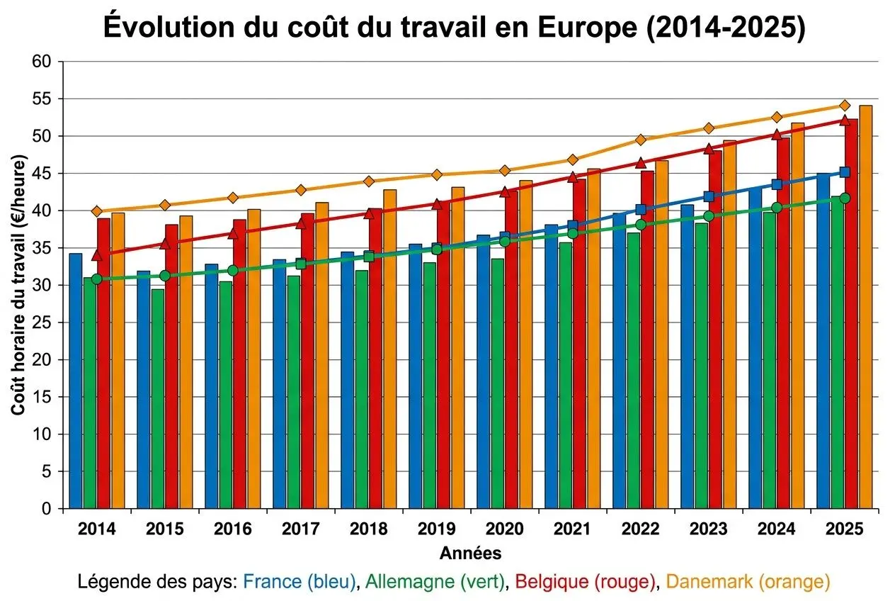 Évolution du coût du travail en Europe (2014-2025) avec les coûts horaires par pays (France bleu, Allemagne vert, Belgique rouge, Danemark orange).