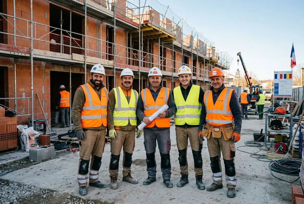 Groupe de travailleurs du bâtiment en gilet orange et jaune sur un chantier, pose d’échafaudage et bâtiment en construction en arrière-plan. recrutement travailleurs roumains dans le cadre du guide emploi et intérim.