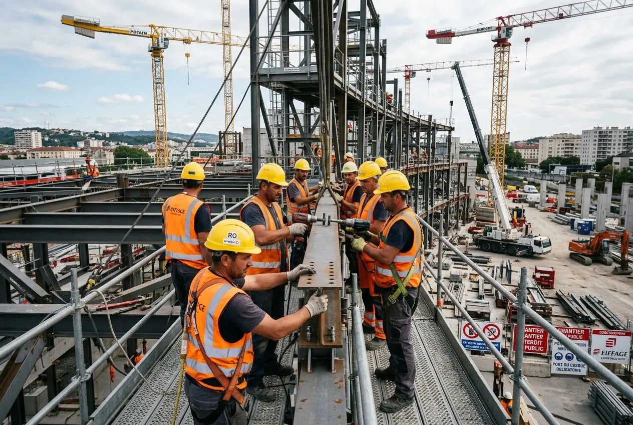 Groupe de travailleurs détachés roumains légal portant casques et gilets orange sur une plateforme de construction, manipulant des éléments métalliques.