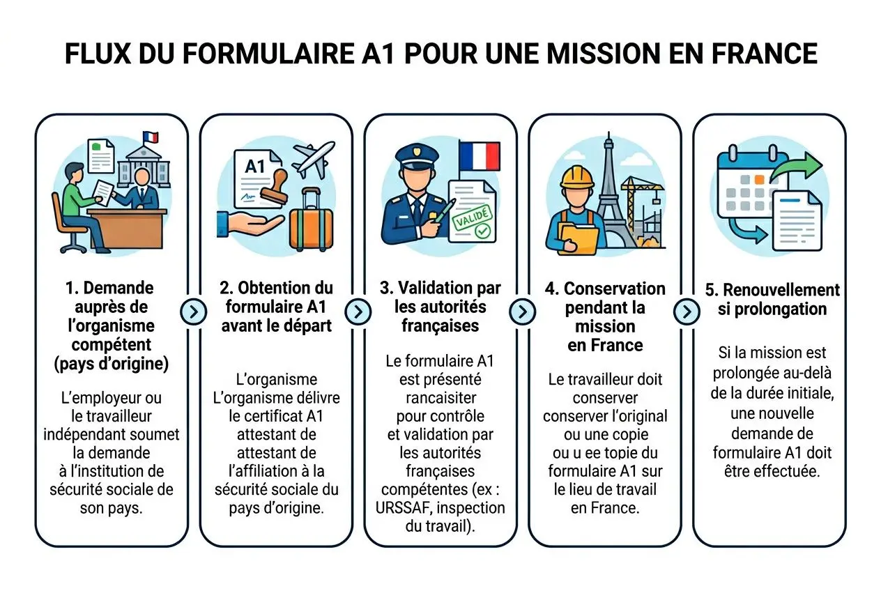 Processus du formulaire A1 pour une mission en France: demande, obtention A1, validation par autorités, conservation des documents et renouvellement si nécessaire, relatif aux cotisations sociales travailleur détaché.