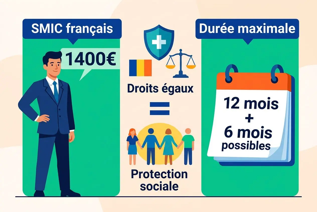 Travailleurs détachés roumains légal : illustration montrant un homme en costume à côté d’icônes représentant SMIC français, droits égaux et protection sociale, avec cadre “Durée maximale” 12 mois + 6 mois possibles.