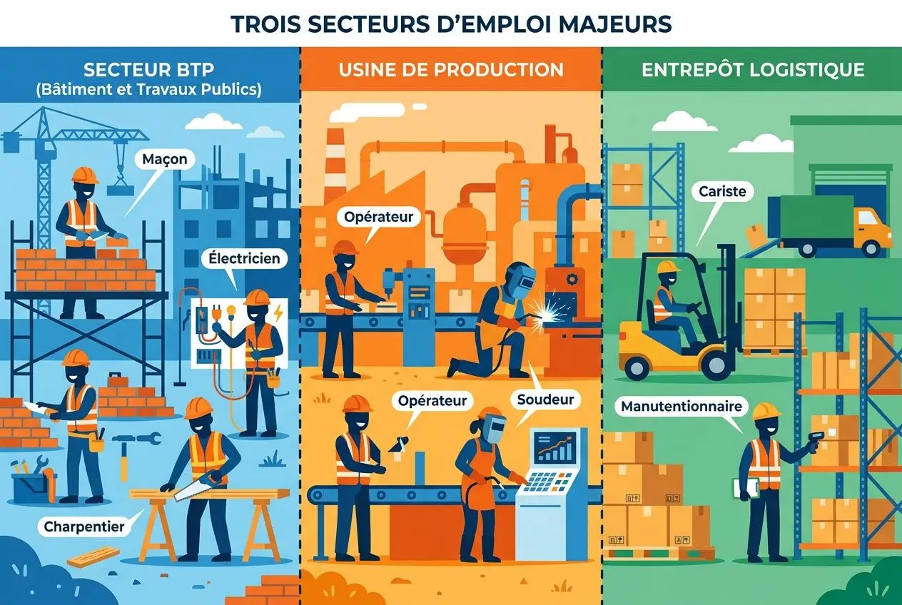Trois secteurs d’emploi majeurs: chantier BTP, usine de production et entrepôt logistique avec travailleurs en action et équipements. recrutement travailleurs roumains