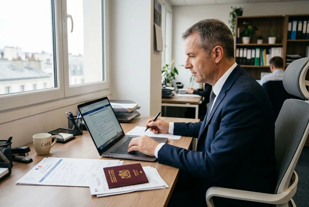 Agent administratif au bureau, travaillant sur ordinateur portatif et documents relatifs à la demande d'autorisation de travail pour un salarié étranger.