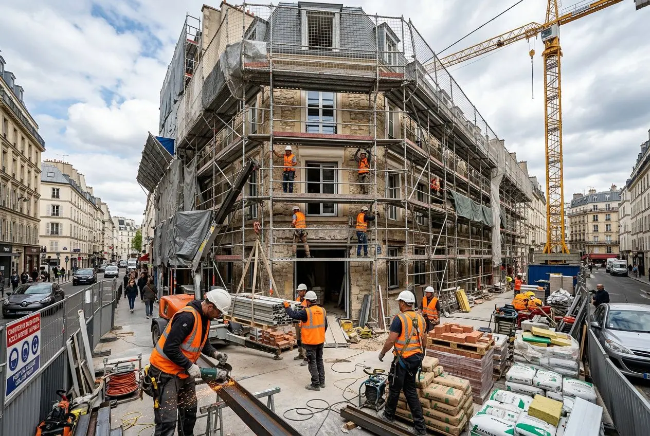 Chantier de construction en rénovation, plusieurs ouvriers en vests orange et casques travaillent autour d’un bâtiment entouré d’échafaudages. pénurie main d'oeuvre btp est illustrée.