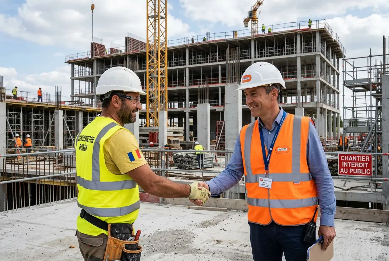 Deux ouvriers en gilet et casque se serrent la main sur un chantier de construction, échangent dans un cadre professionnel.