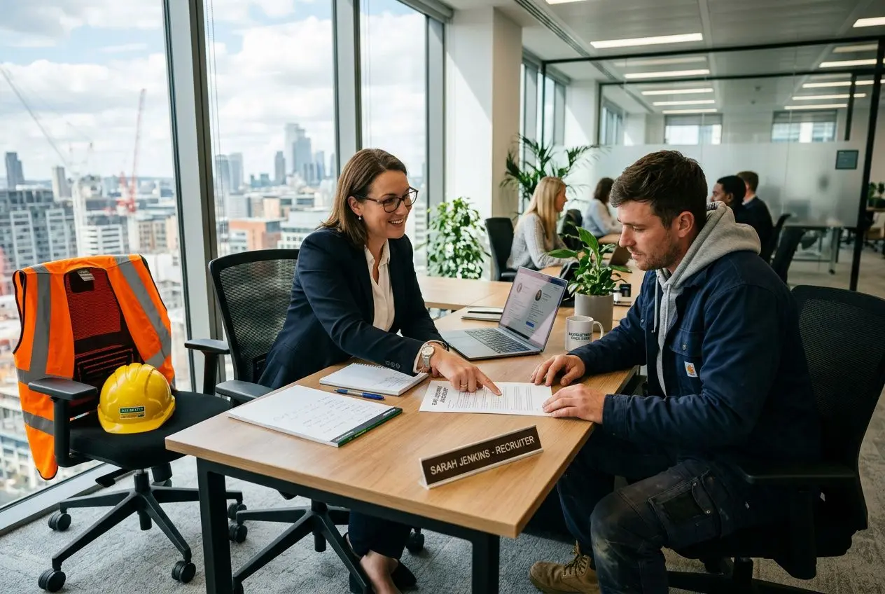 Deux professionnels discutent à un bureau près d’une grande fenêtre, échange de documents et signature en cours, nom “Sarah Jenkins : Recruteur” sur le badge. Visuel lié aux formalités pour recruter en intérim.
