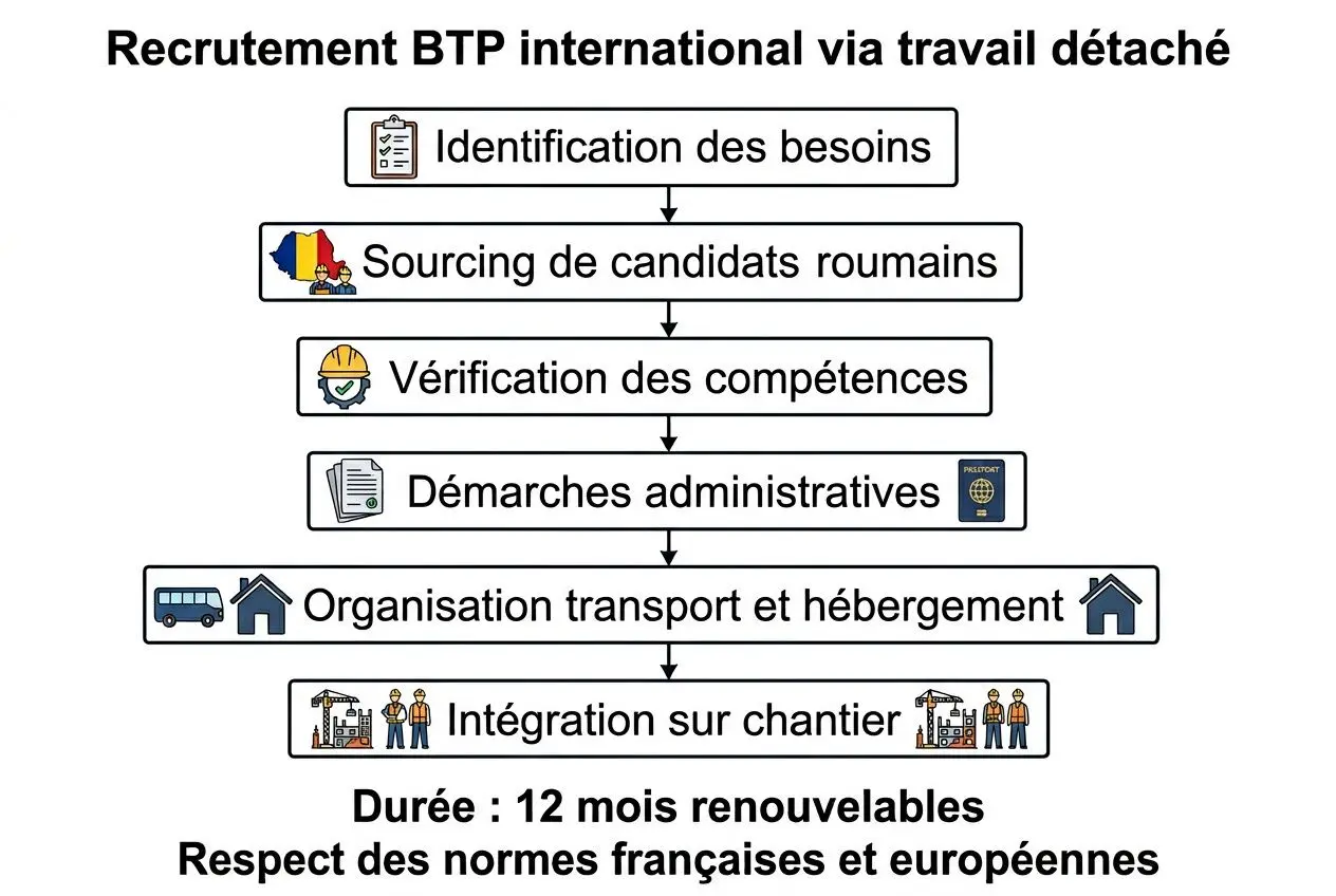 Diagramme illustrant le recrutement BTP via travail détaché: identifications des besoins, sourcing de candidats roumains, vérification compétences, démarches administratives, organisation transport et hébergement, intégration sur chantier. Mention de pénurie main d'oeuvre btp.