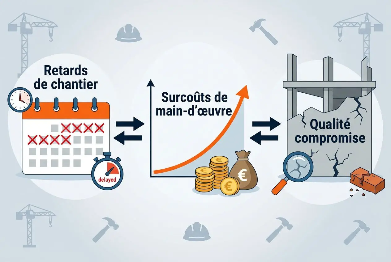 Diagramme sur la pénurie main d'oeuvre BTP: calendrier de retards, coût croissant et qualité compromise dans la construction.