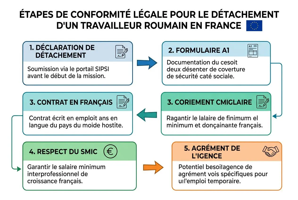 Étapes de conformité légale pour le détachement d’un travailleur roumain en France, schéma coloré avec sections et flèches. Transport logistique travailleurs roumains intégrant le cadre légal et détachement.