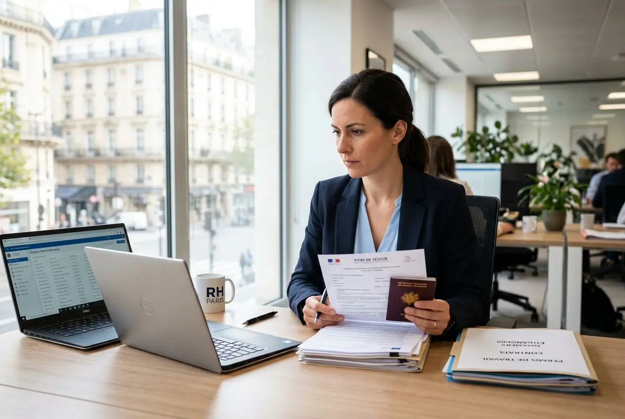 Femme en costume travaillant sur un ordinateur et des documents, au bureau, pour l’intégration salariés étrangers.