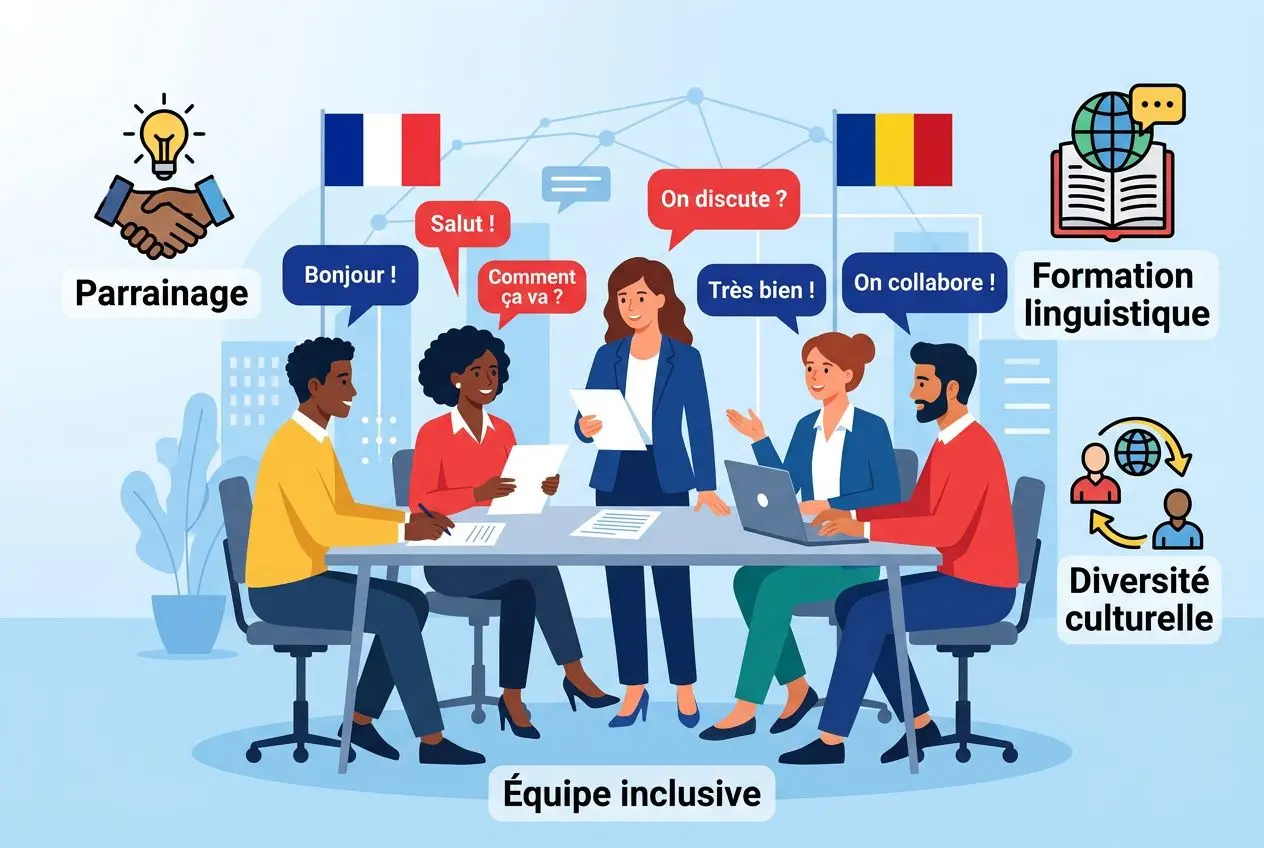Groupe divers autour d’une table en réunion, échanges et supports, sur le thème de l’intégration salariés étrangers et de la formation linguistique. Équipe inclusive.