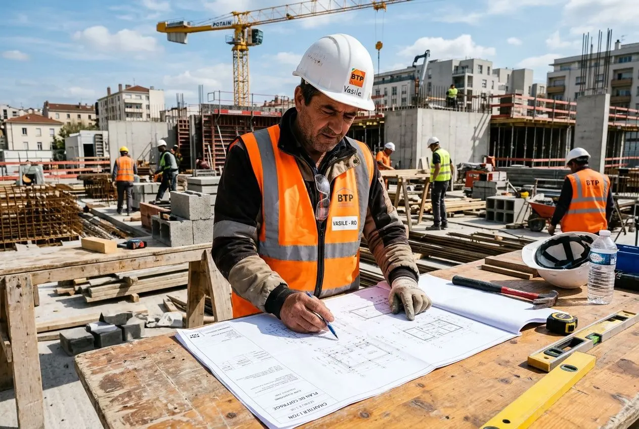 Homme en casque et gilet orange sur un chantier, consultant des plans de construction sur une table; site avec d’autres travailleurs et grues en arrière-plan. Contexte: statut des travailleurs détachés en france.