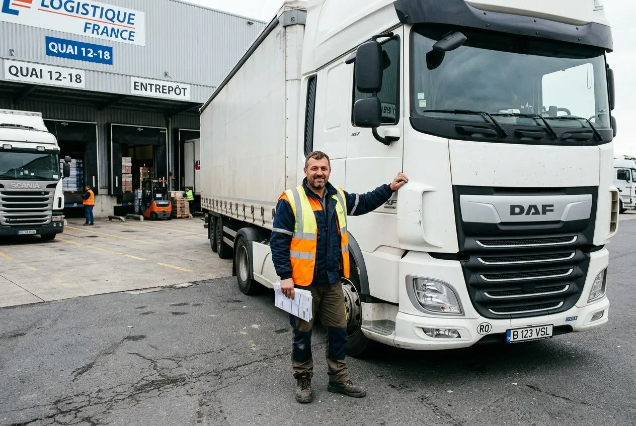 Homme chauffeur en gilet orange devant un camion blanc DAF, près d’un entrepôt “Logistique France” et d’un autre véhicule de livraison. Transport logistique travailleurs roumains.
