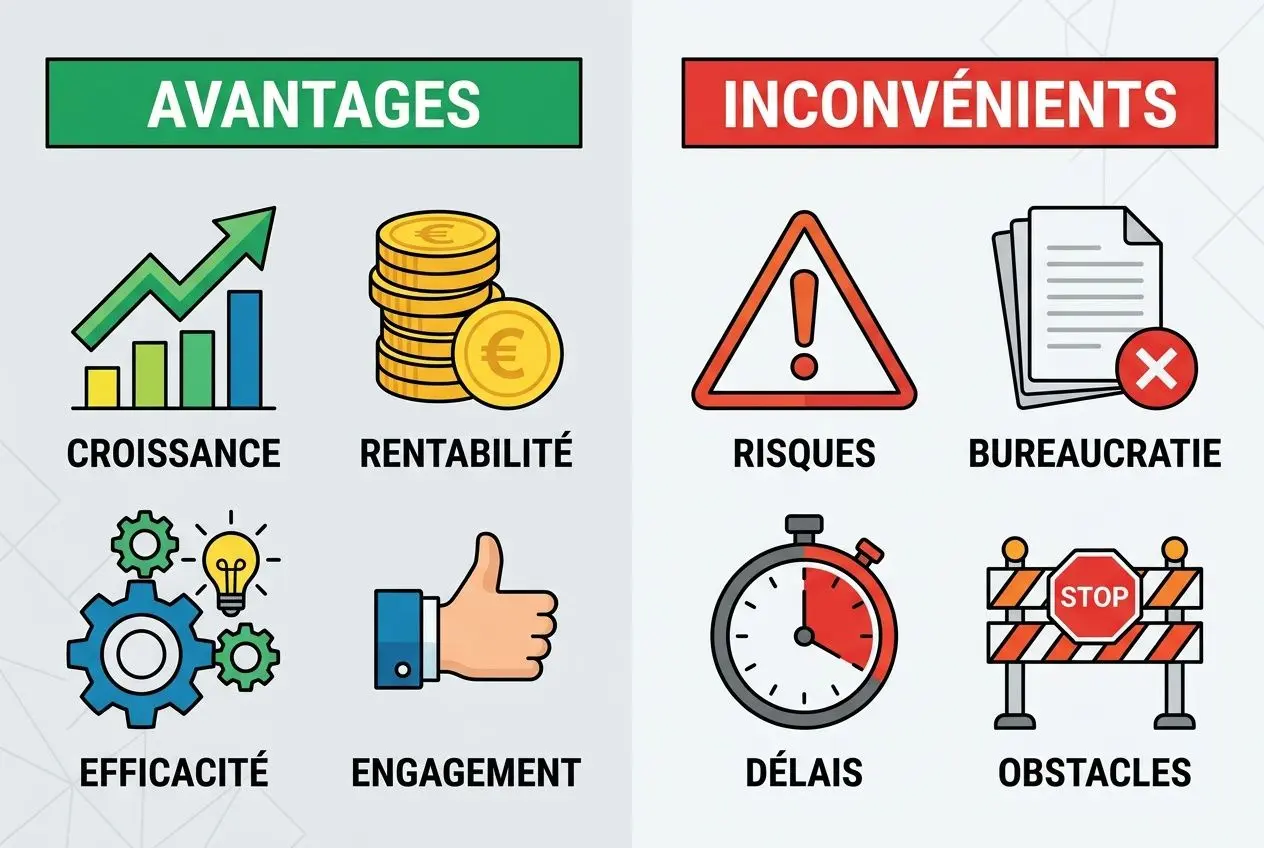 Illustration sur les avantages et inconvénients du statut des travailleurs détachés en france, présentant croissance, rentabilité et efficacité côté positif.