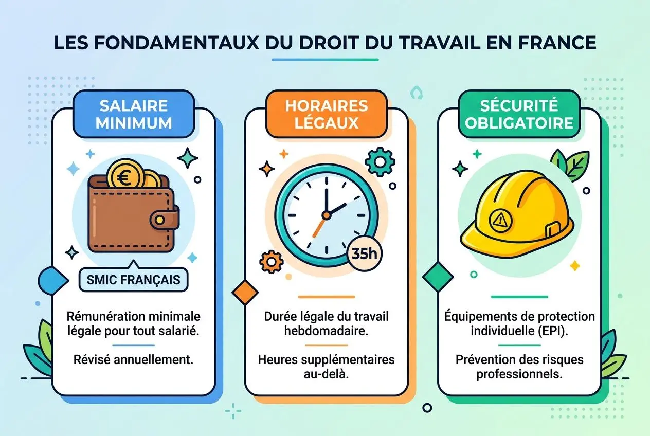 Infographie sur les fondamentaux du droit du travail en France: salaire minimum, heures légales et sécurité obligatoire, avec pictogrammes et explications. Integrer le sujet: comment embaucher légalement un travailleur roumain.