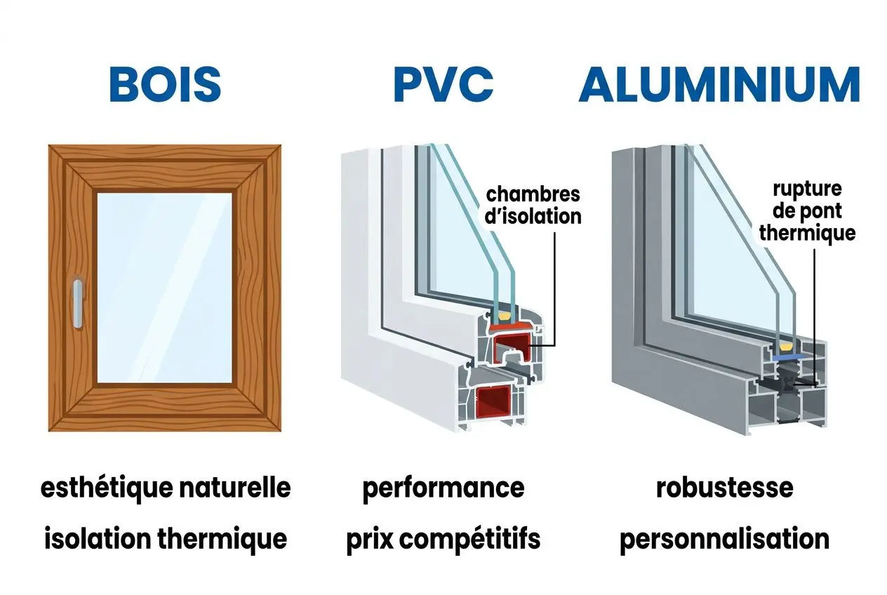 Menuiserie en Roumanie : illustration comparant bois, PVC et aluminium avec isolation, performance et personnalisation
