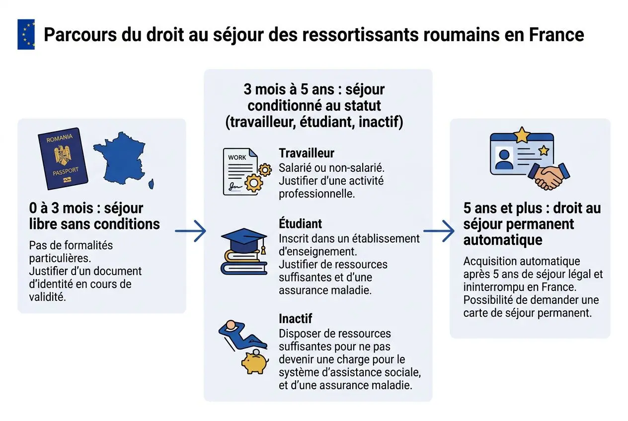 Parcours du droit au séjour des ressortissants roumains en France, schéma illustrant séjour libre jusqu’à 3 mois, puis travailleurs/étudiants/inactifs, et droit au séjour permanent automatique après 5 ans.