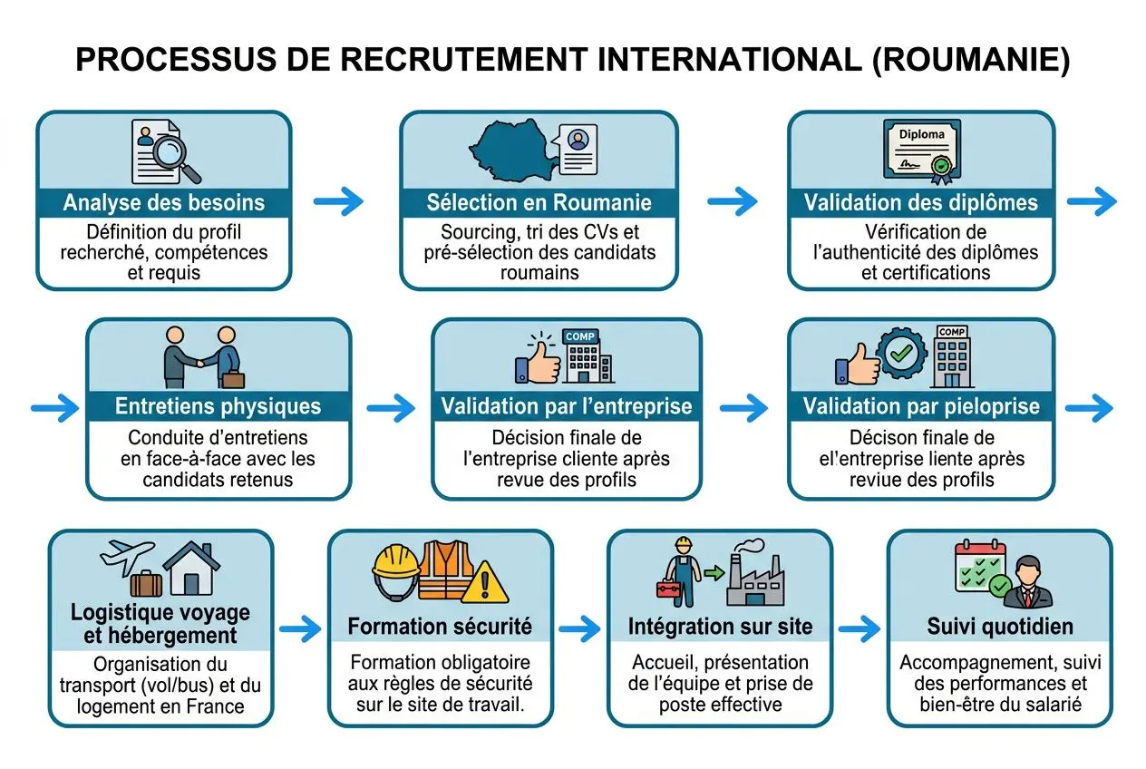 Processus de recrutement international (Roumanie) montrant analyse des besoins, sélection en Roumanie, validation des diplômes, entretiens, validation par l’entreprise, formation sécurité, intégration sur site et suivi quotidien, transport logistique travailleurs roumains.