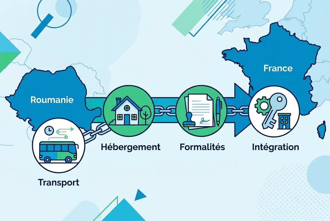 Schéma illustrant l’hébergement des travailleurs roumains en France : transport, hébergement, formalités et intégration entre Roumanie et France.
