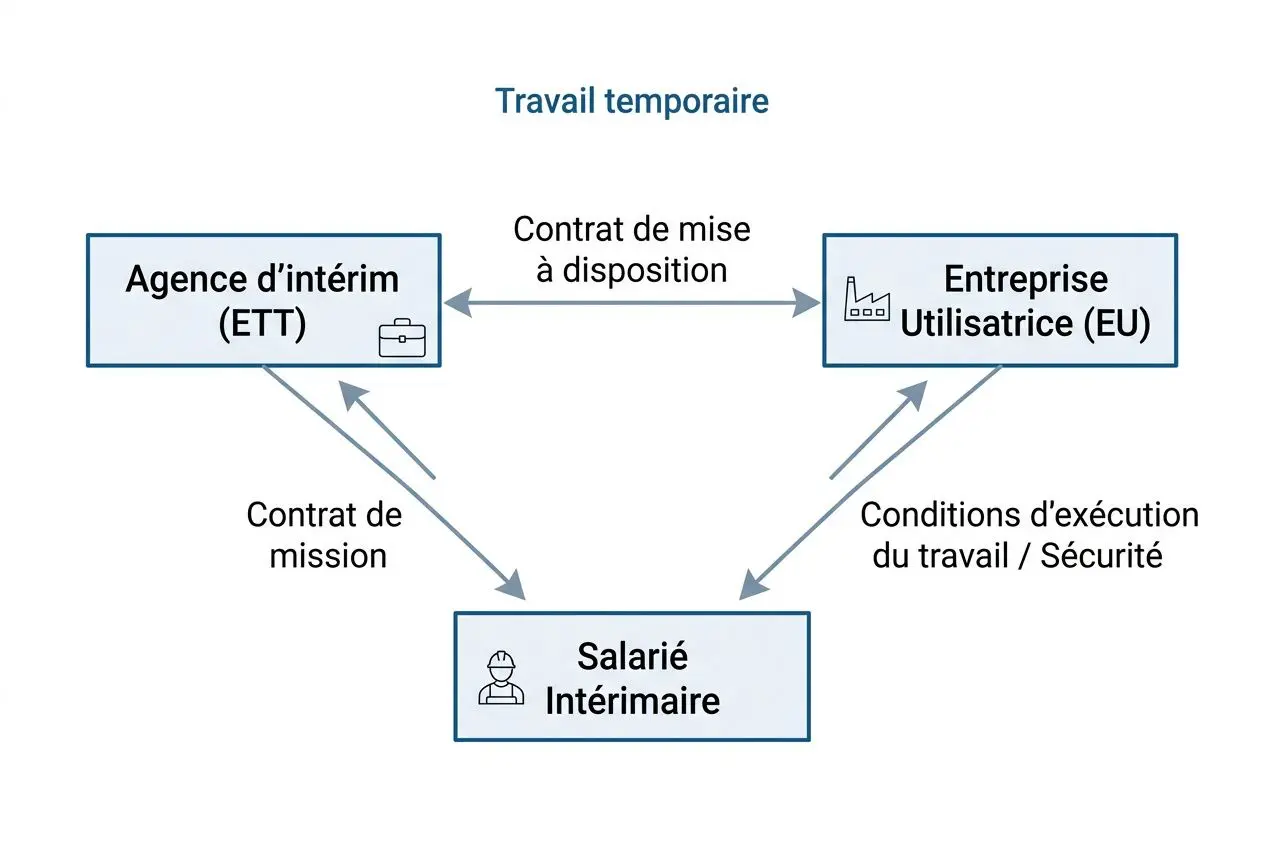 Schéma de travail temporaire montrant les interactions entre l’Agence d’intérim (ETT), l’Entreprise utilisatrice (EU) et le Salarié Intérimaire, avec contrats et conditions d’exécution. Incorpore le mot-clé: formalités pour recruter en intérim.