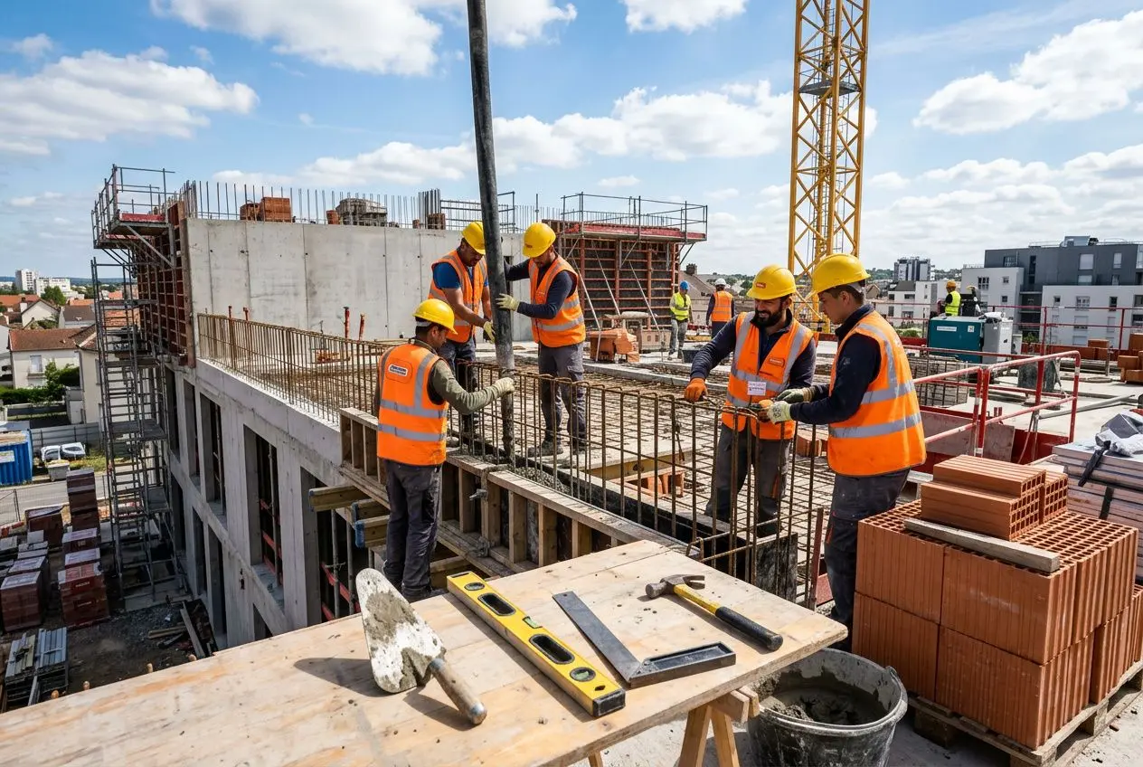 Travailleurs roumains BTP construction sur un chantier, pose de structures et travail en équipe avec casques et gilets orange.