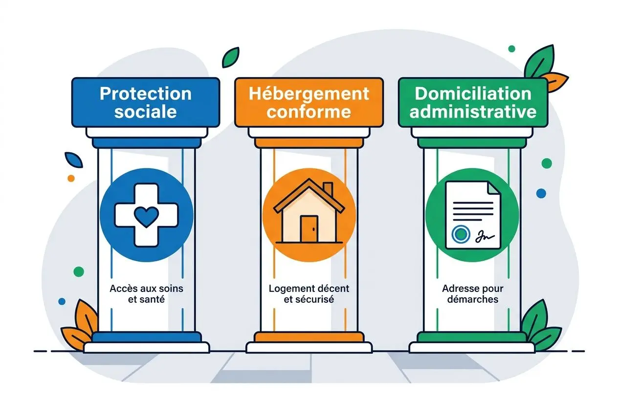 Trois colonnes illustrées: Protection sociale, Hébergement conforme et Domiciliation administrative; chaque colonne montre symbole (croix médicale, maison et document) et mentions “Accès aux soins et santé”, “Logement décent et sécurisé” et “Adresse pour démarches”. Intègre le terme droits des roumains en france.