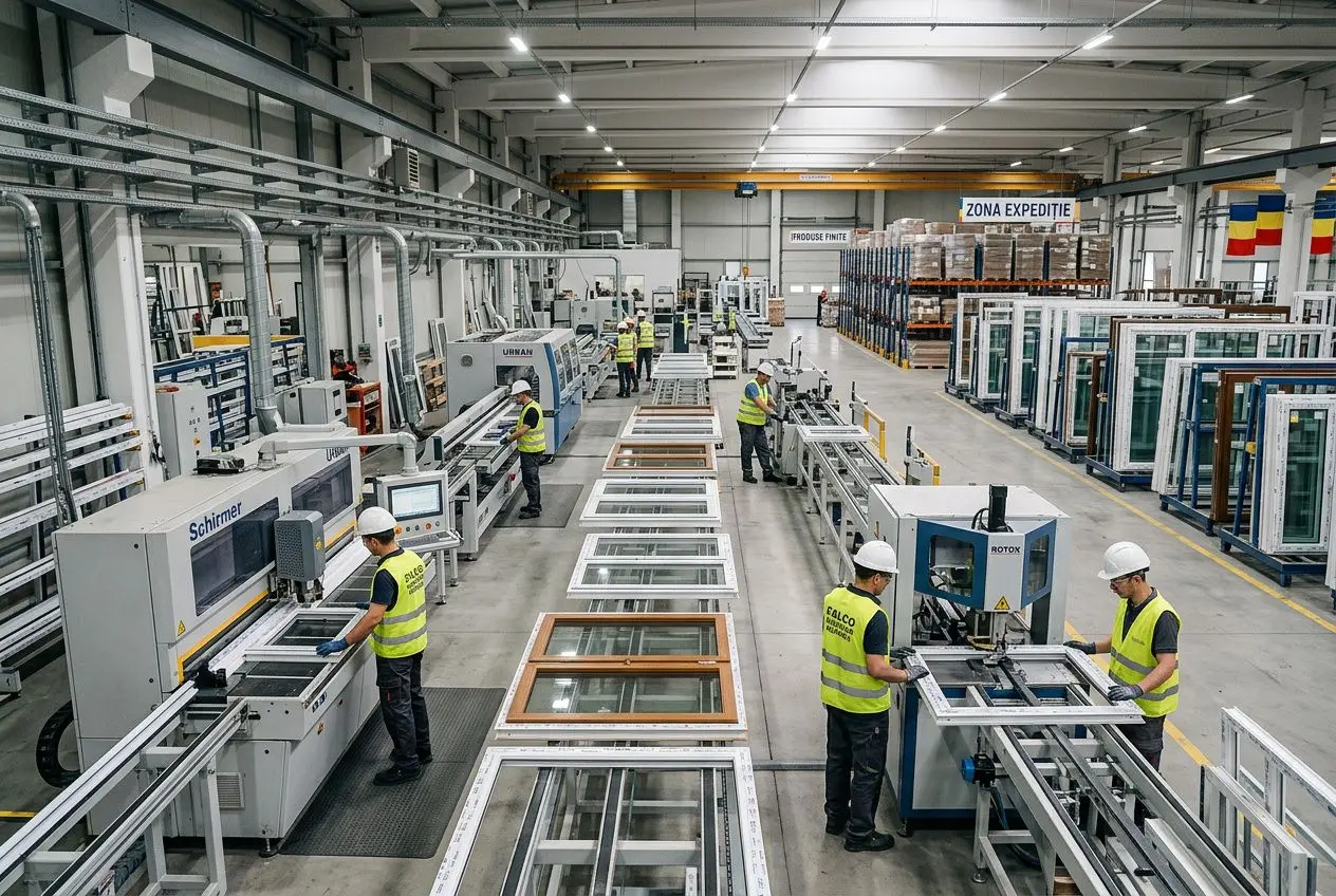 Usine de menuiserie en roumanie avec ouvriers en blanchis vert et équipements automatisés pour fabrication de fenêtres PVC/alu/bois. menuisière en roumanie