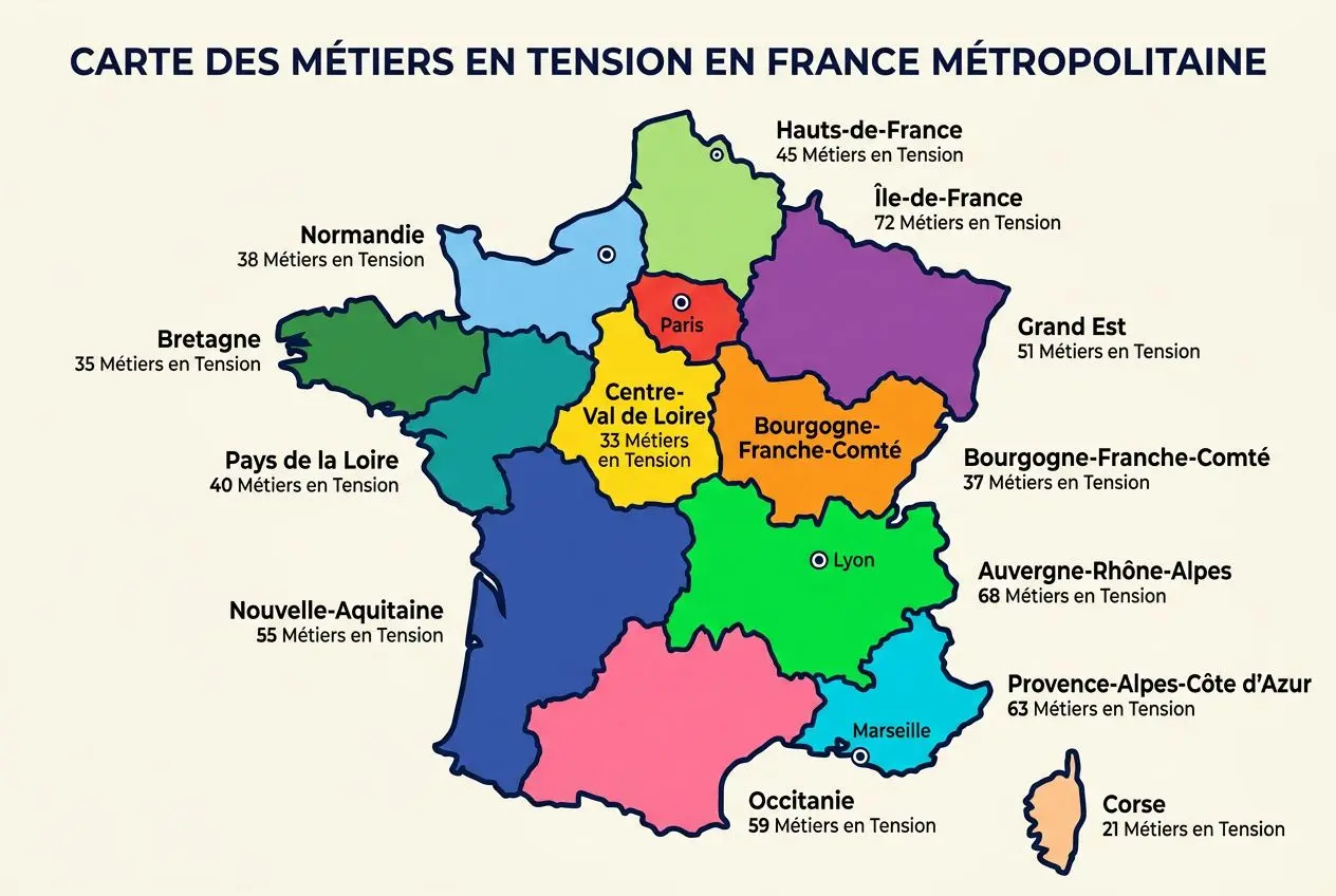 Carte des métiers en tension en France métropolitaine avec chiffres par région, et localisation de Paris, Lyon, Marseille. Liste des métiers en tension.