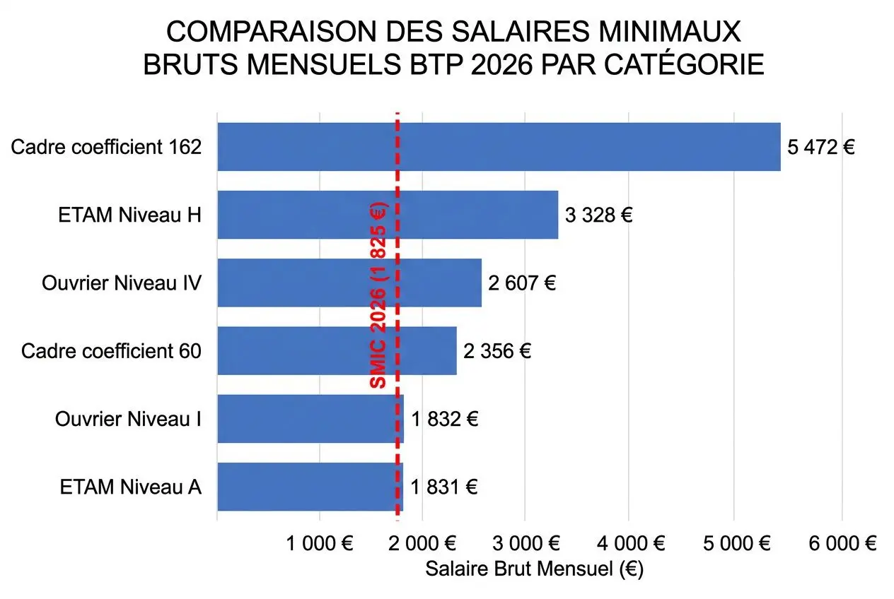 Comparaison des salaires BTP: cadre coefficient 162 à 5 472 €, ETAM Niveau H à 3 328 €, ouvrier Niveau IV à 2 607 €, cad. coefficient 60 à 2 356 €, ouvrier Niveau I à 1 832 €, ETAM Niveau A à 1 831 €, coût main d'oeuvre BTP hk.