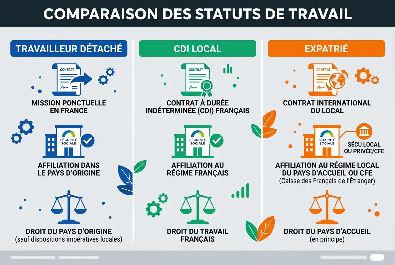 Comparaison des statuts de travail: travailleur détaché, CDI local et expatrié; droits en France et affiliations, droit du travail français, sécurité sociale. c'est quoi un travailleur détaché.