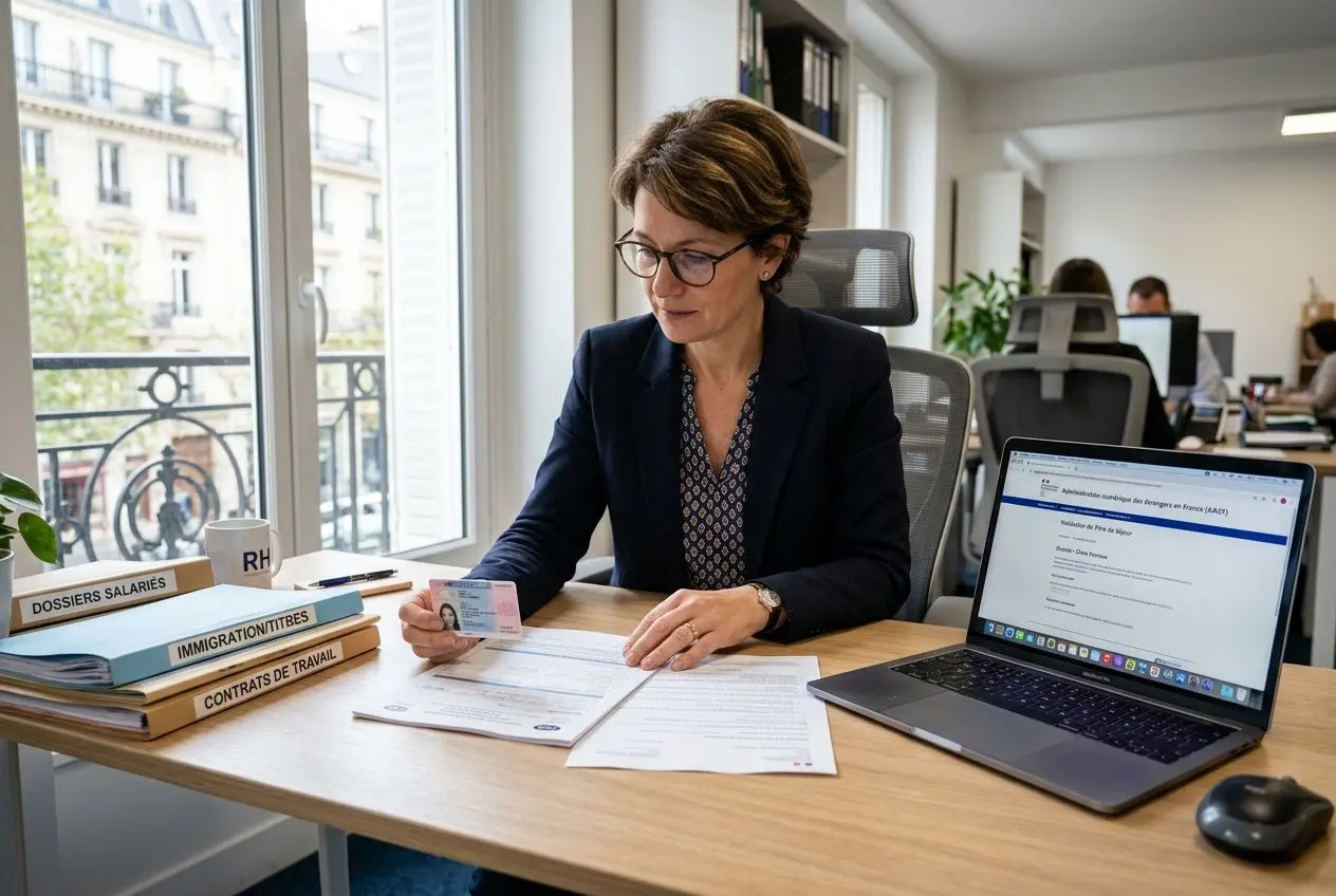 Consultante en bureau, une employée vérifie des documents et remplit des formalités légales salariés étrangers, avec un ordinateur portable sur le côté.