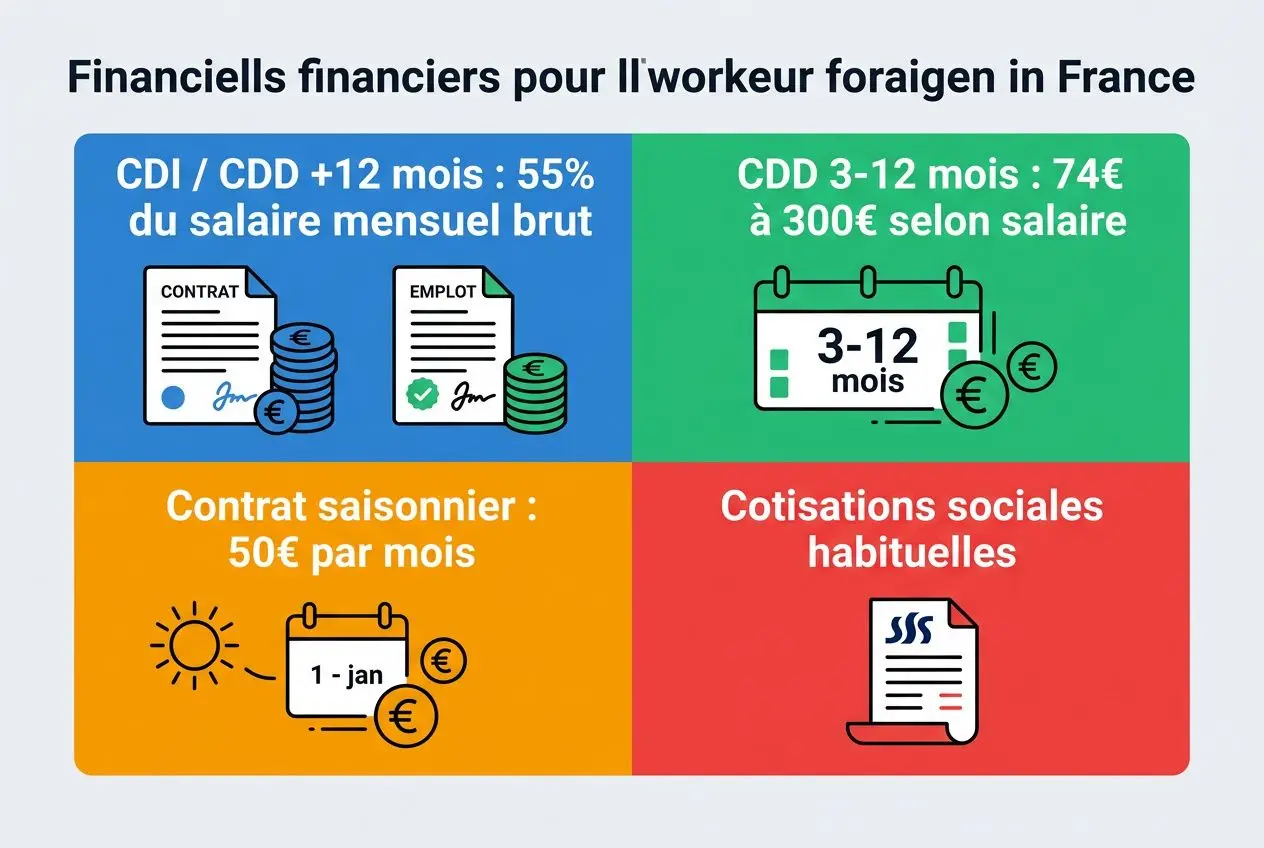 Contrat de travail travailleur étranger en France : pictogrammes dépliant financier sur 4 volets (CDI/CDD, CDD 3-12 mois, contrat saisonnier 50€/mois, cotisations sociales habituelles) avec éléments visuels et euros.
