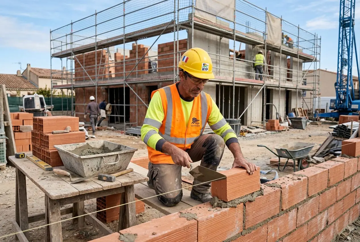 Couvreur ou maçon sur chantier en brève pose de briques, portée d’échafaudage et outils, illustration du coût main d'oeuvre BTP sur site.