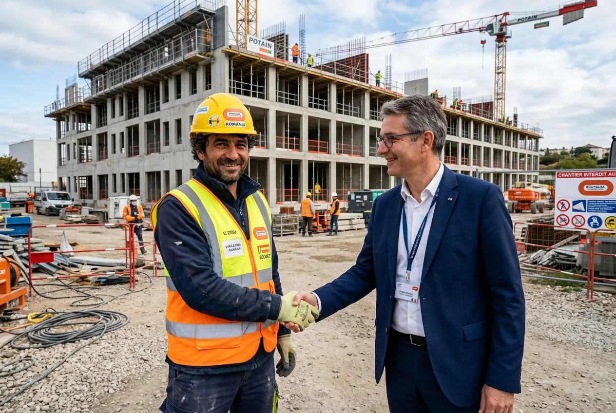 Deux hommes se serrent la main sur un chantier de construction : un travailleur en casque jaune et gilet réfléchissant orange accueille un homme en costume, signe de collaboration dans le secteur. (Note: intégration du mot-clé demandé: travailleur européen en france)