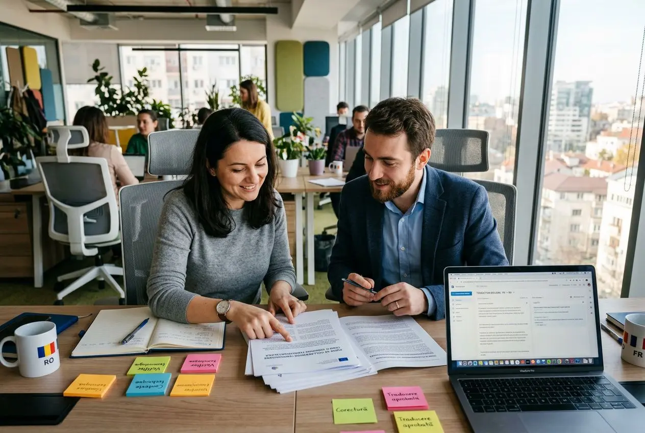 Deux professionnels discutent devant un ordinateur portable et des documents, échangeant des idées au travail multilingue, surmonter la barrière de la langue.