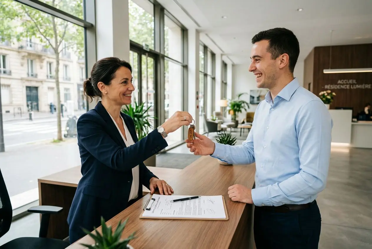 Deux professionnels échangent une clé devant un guichet d’accueil, sourire et poignée de main après signature d’un document. Logement fourni par l'employeur.