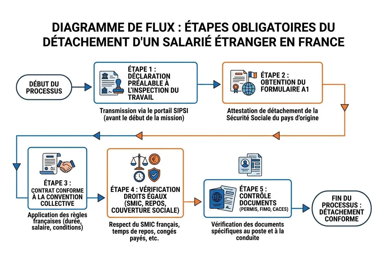 Diagramme de flux des étapes obligatoires du détachement d'un salarié étrangers en France, intégrant les formalités légales salariés étrangers.