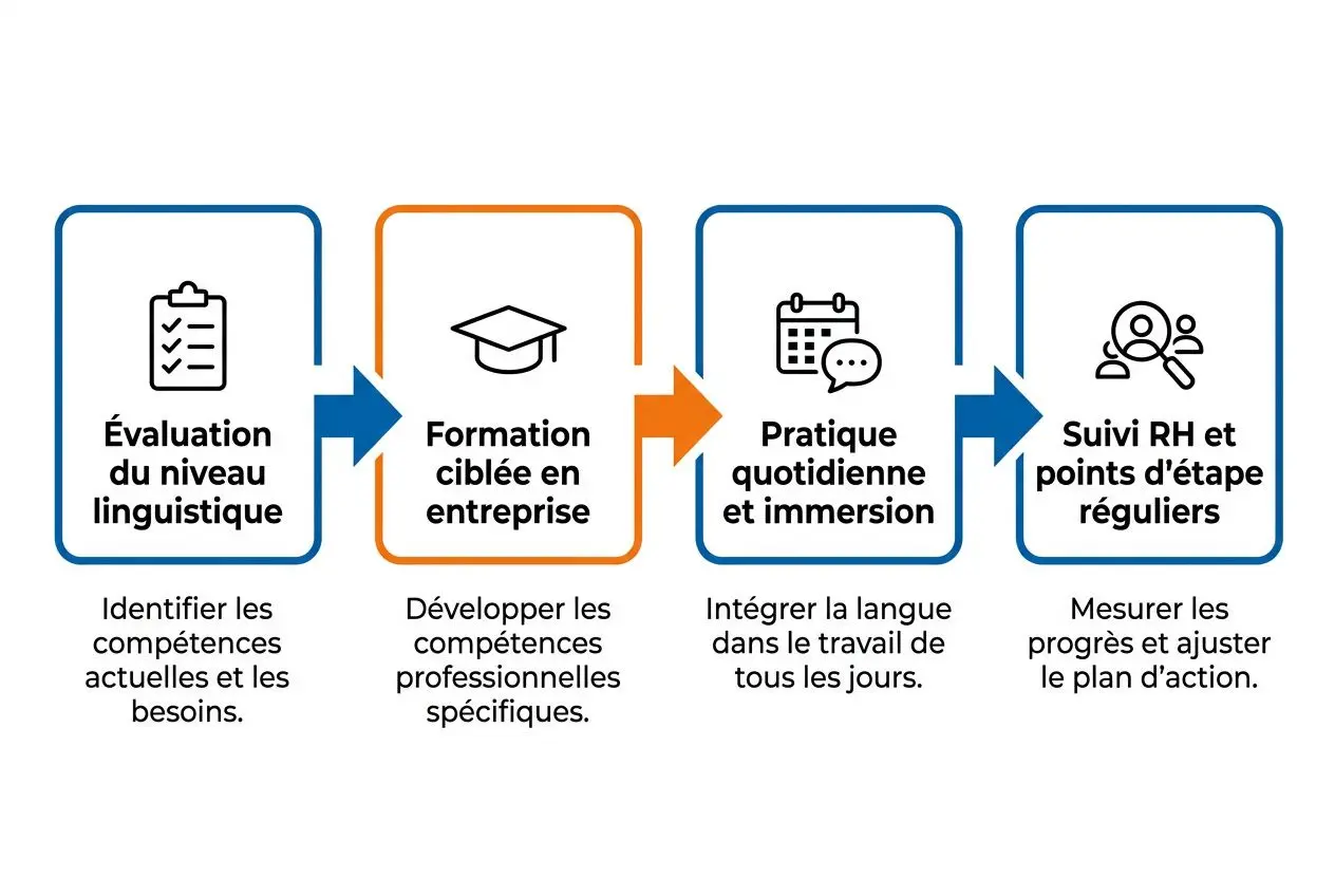 Diagramme illustrant un processus pour surmonter la barrière de la langue: évaluation linguistique, formation en entreprise, pratique quotidienne et suivi RH.