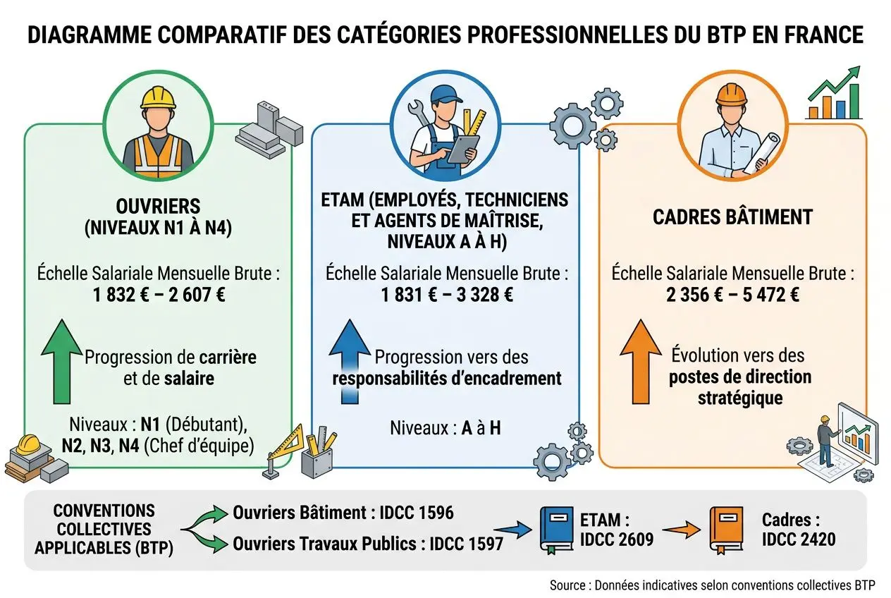 Diagramme montrant les catégories professionnelles du BTP en France (ouvriers, ETAM, cadres) avec grille salaire btp 2026 et minima mensuels.