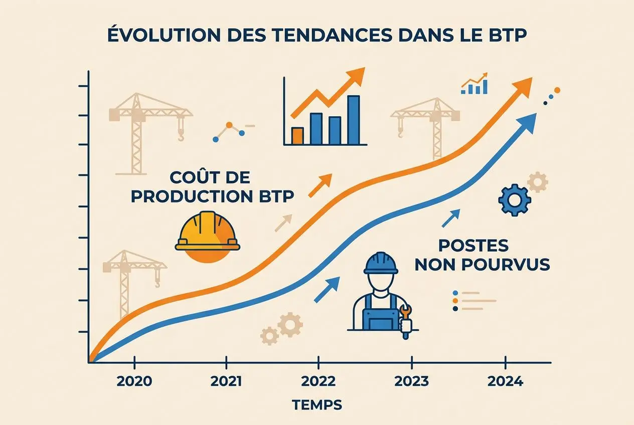 Évolution des tendances dans le BTP en 2020-2024 avec coût de production et postes non pourvus; lignes orange et bleue montrant la progression.