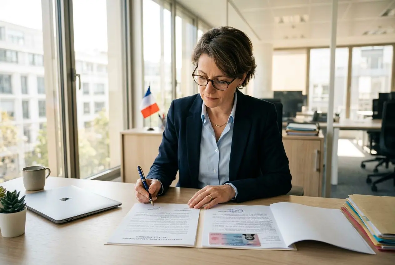 Femme en bureau signant un contrat de travail travailleur étranger, documents officielles et drapeau français en arrière-plan.