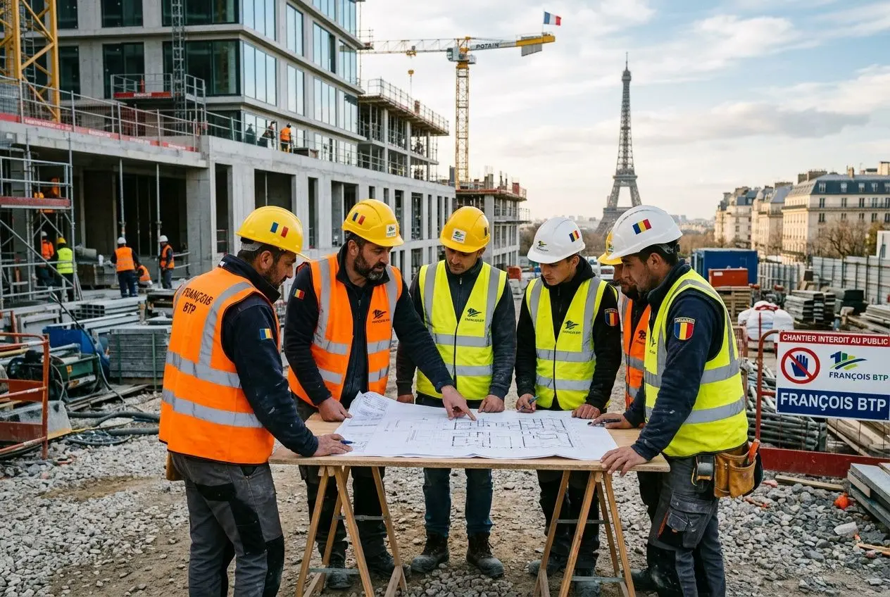 Groupe d’ouvriers sur un chantier à Paris, planifiant autour d’un plan de travail, avec la Tour Eiffel en arrière-plan et casques/ gilets de sécurité. pourquoi les roumains viennent travailler en france.